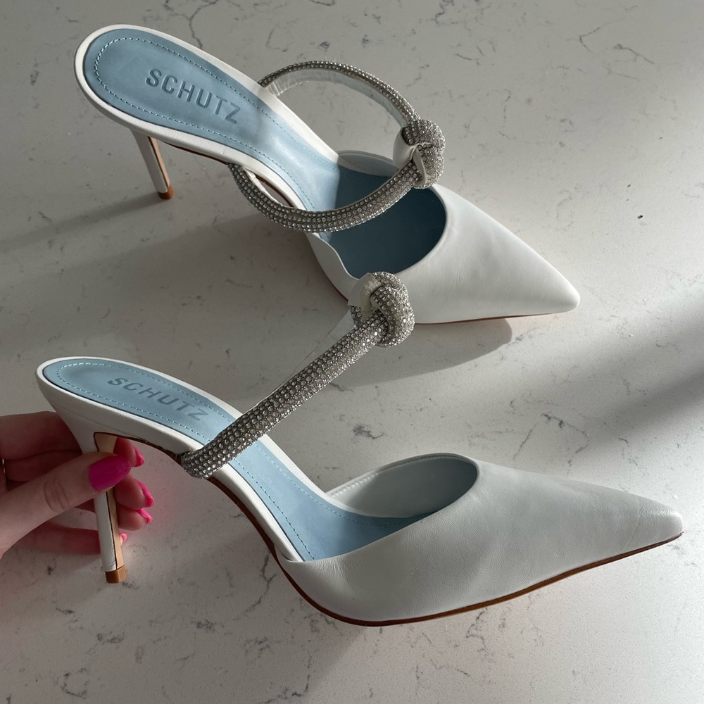 Brand New without Box White Schutz Mules with Diamond Detail - 8